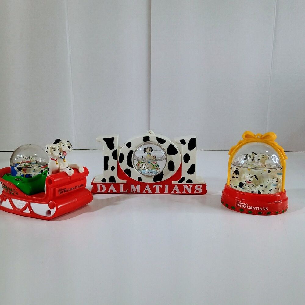 Disney 101 Dalmatians 1996 McDonald's Christmas 3 Piece Set Snow Globes Used